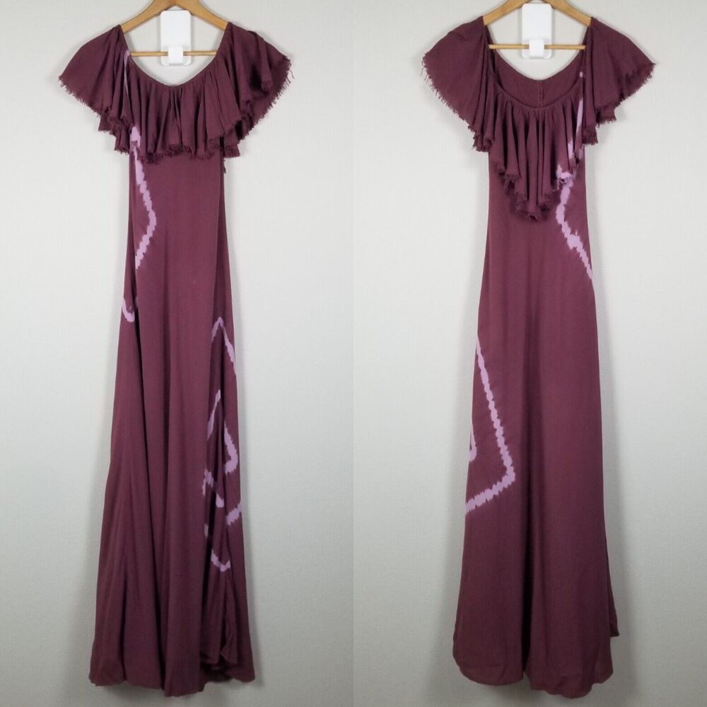 Revolve Blue Life Maroon Tie-Dyed Distressed Ruffle Rayon Maxi Dress Size Small - Picture 9 of 15